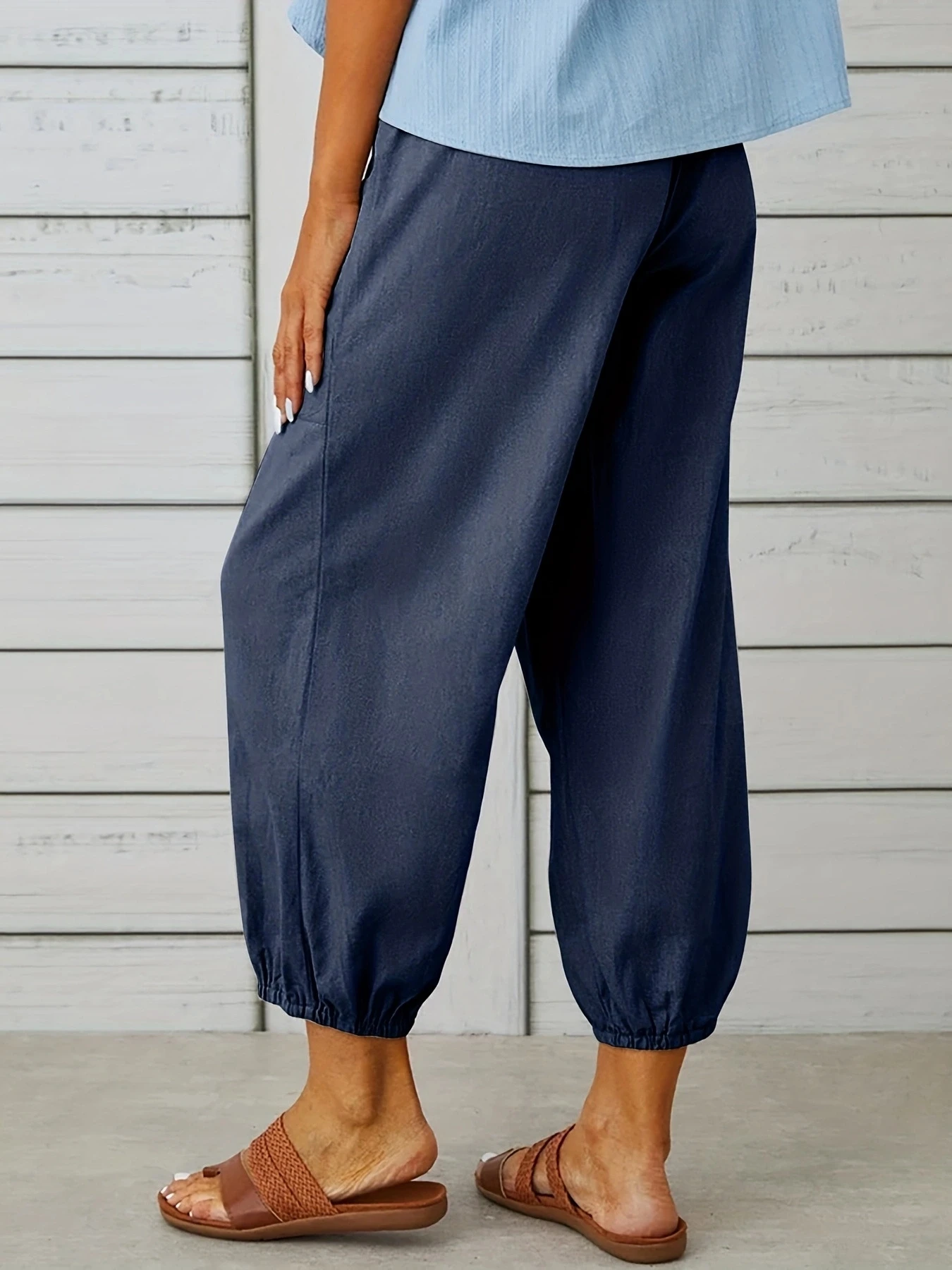 Women New Solid Color Loose Elastic Waist With Pockets Wide Leg All Match Straight Trousers Nine-Minute Pants