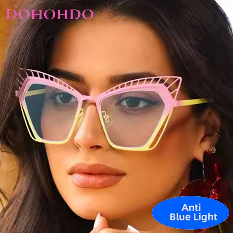 Fashion Design Metal Hollow Cat Eye Women's Glasses Luxury Brand Men Game Reading Optical Eye Protection Anti-Blue Light Eyewear