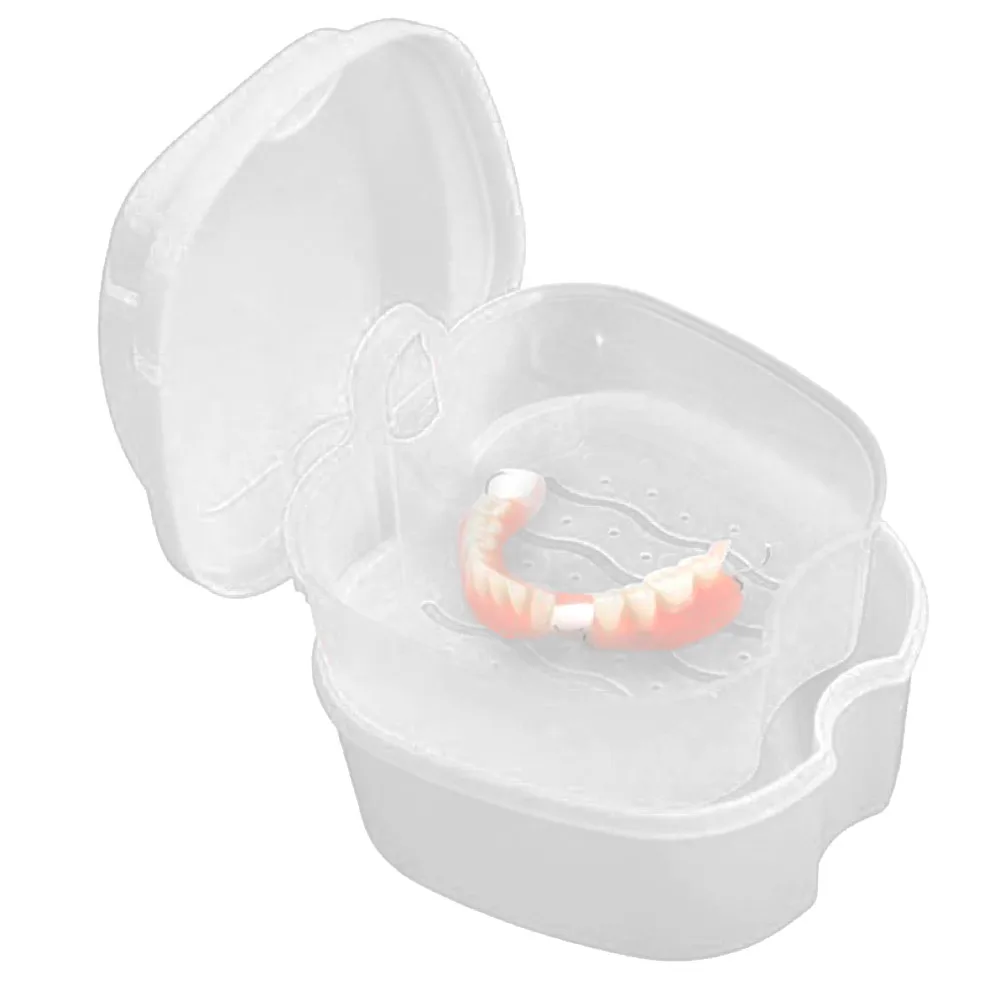 Portable False Teeth Storage Box with Hanging Net Container Oral Denture Care Bath Box False Teeth Cleaning Nursing Organizer