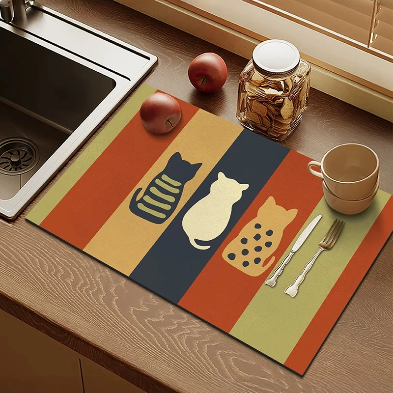 VIKAMA Cute Bear Good Luck Kitchen Mat for Sink Counter Drainage Drying Pad Table Placemat Washable Aesthetic Home Decor