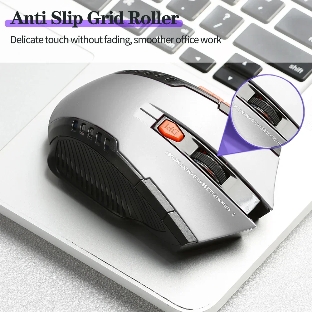 Rato sem fios ergonómico de 2,4 GHz, com 6 botões, portátil, com recetor USB, ideal para jogos em PC, portátil e computador de secretária.
