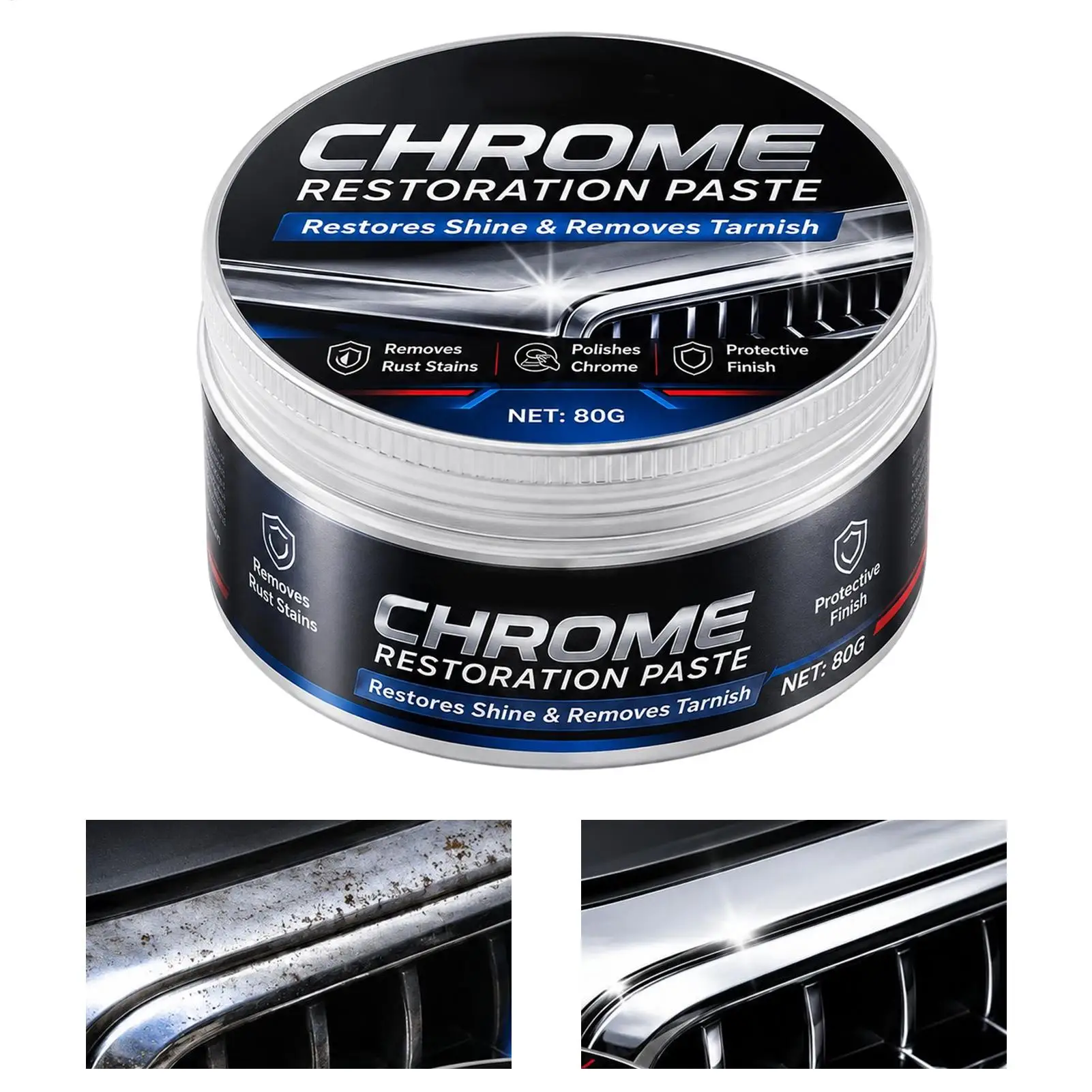 Nettoyant Chrome 80g – Pâte Réparatrice Anti-Rayures, Anti-Taches et Anti-ternissement pour Moto, Bateau, VR, Garnitures, Emblèmes, Poignées de Porte
