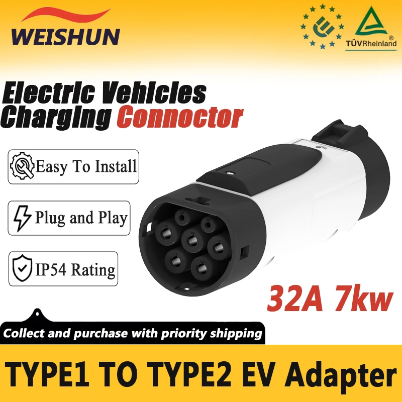 Type1 To Type2 EV Adapter SAE J1772 To IEC 62196-2 AC 32A 7KW EVSE Convertor For European Standard Car