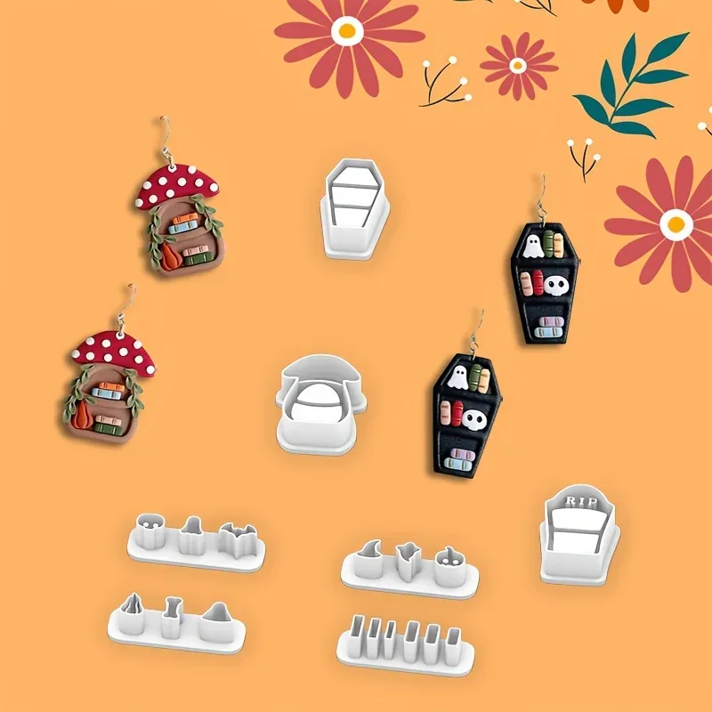 colored mushroom/fantasy decorative skull polymer clay cutter set, Easter-themed/jewelry making clay cutter set - Polymer Clay Cutter for Jewelry Making, latticework mold design clay cutter, Halloween and Christmas holiday jewelry clay cutter, - view 6