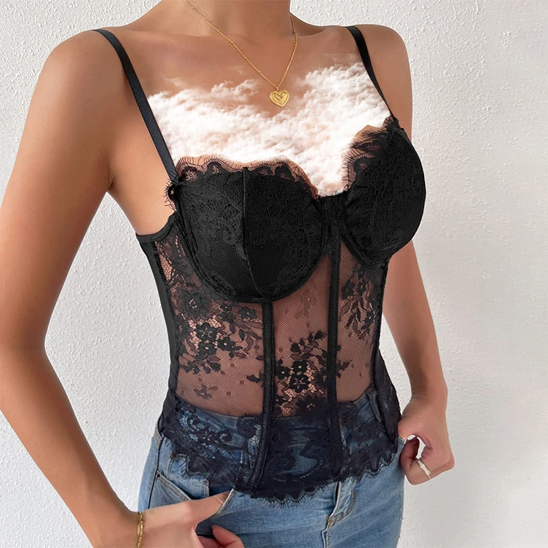 Women\'s Sleeveless Tight Fitting Tank Top Women\'s Lace Transparent Fish Minimalist Bra Black Sheer Lace Tight Fitting Bra