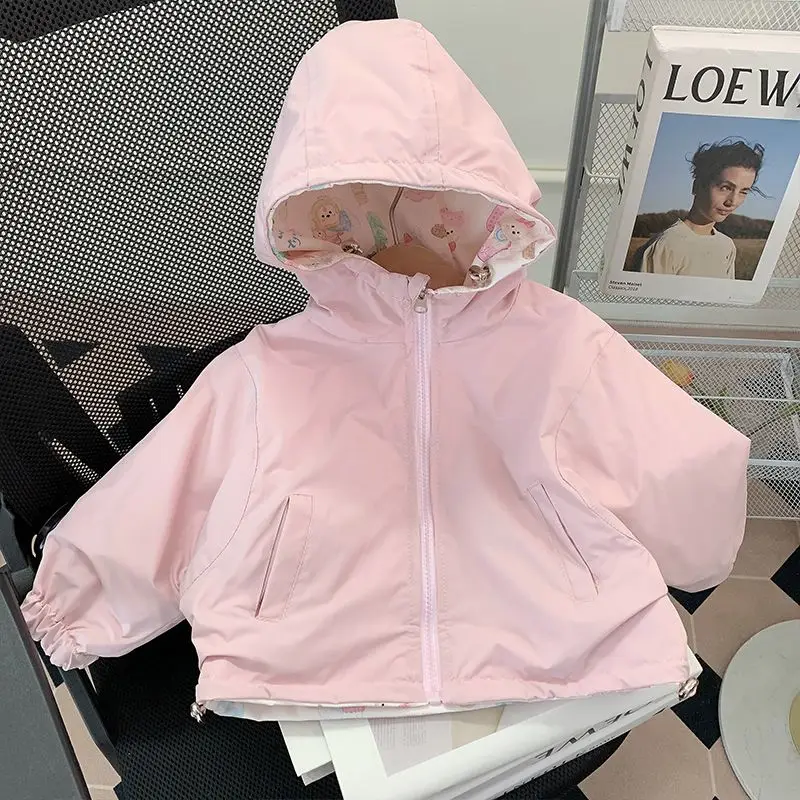 1-9Y Girls Pink Bear Windproof Coat New Children's Both Sides Spring Autumn Baby Zipper Hoodie Top Kid Jackt Windbreaker  789