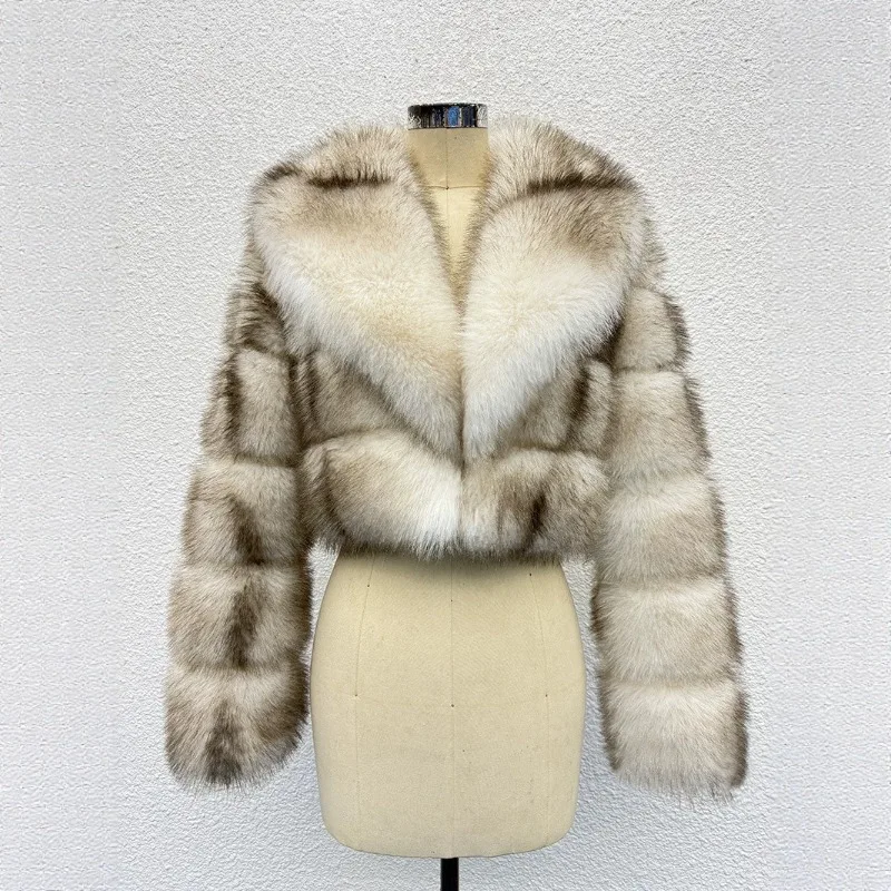 2026 Streetwear Short Faux Fur Coat Women's Stripe Fox Fur Jacket Autumn Winter Wide Lapel Thicken High-waisted Outerwear S-6XL