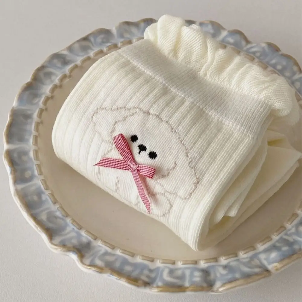 4Pairs Sweet Cartoon Dog Bowknot Ruffle Socks Anti-slip Hosiery Sweet Tube Socks Ballet Style Kawaii Mid-calf Socks Women Lady