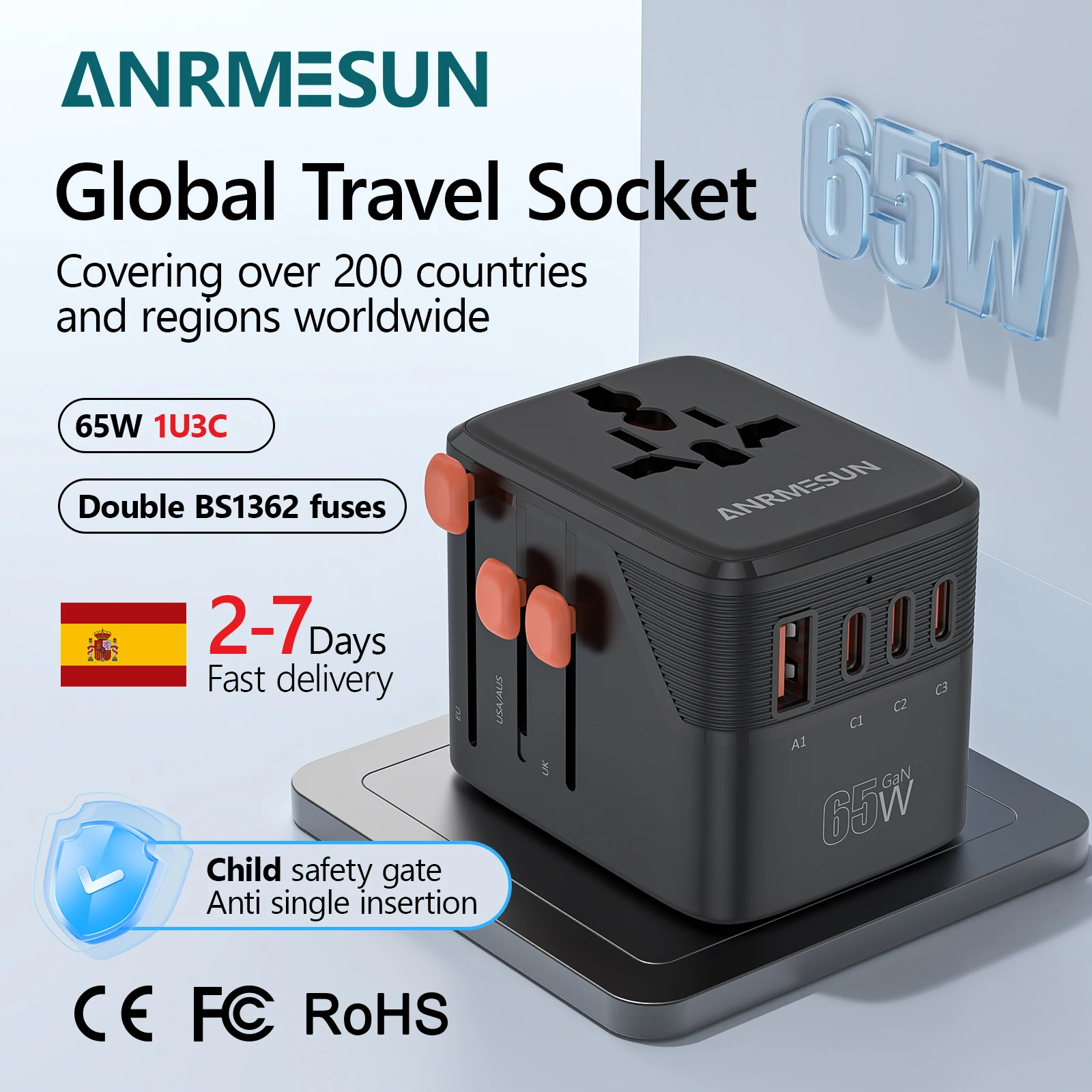 ANRMESUN 65W GaN Adaptador Universal de Viaje Envío Rápido desde Almacén España Cargador USB-C PD 65W + USB-A Enchufe EU Global Travel Adapter para Portátil Móvil Tablet Carga Rápida
