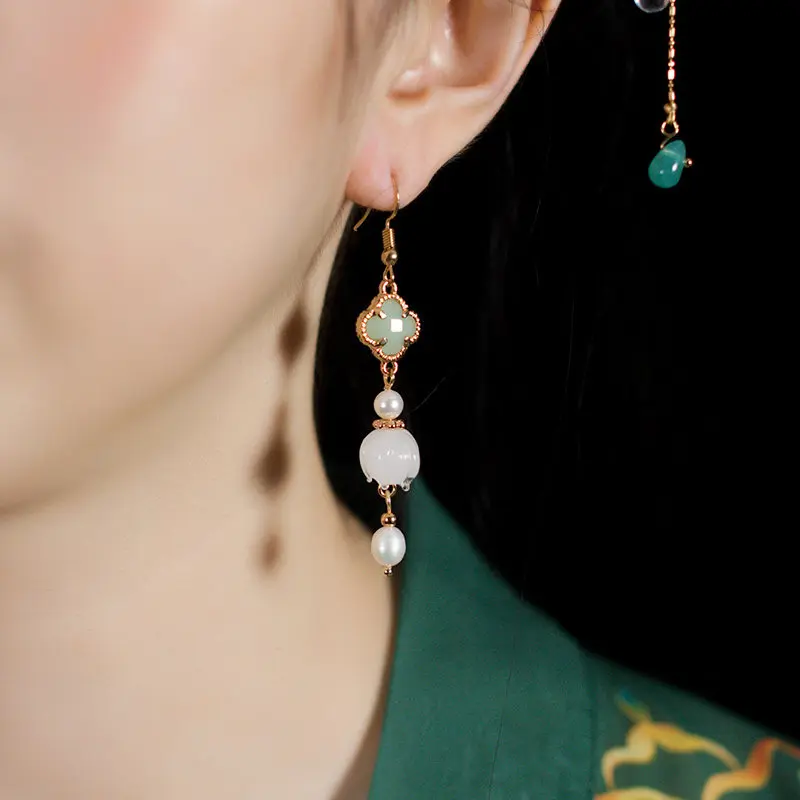 Chinese Style Hanfu Retro Dangle Earrings 925 Silver Gold Plated Hook No Piercing Clip On Earrings Lucky Clover Lily Of The Vall