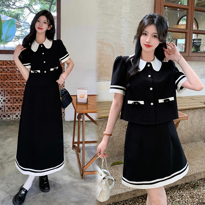 

plus Size Retro College Style Skirt Set Women Summer Fashion plus Size Pear Shaped Body Micro Fat Age Reduction Two Piece Set