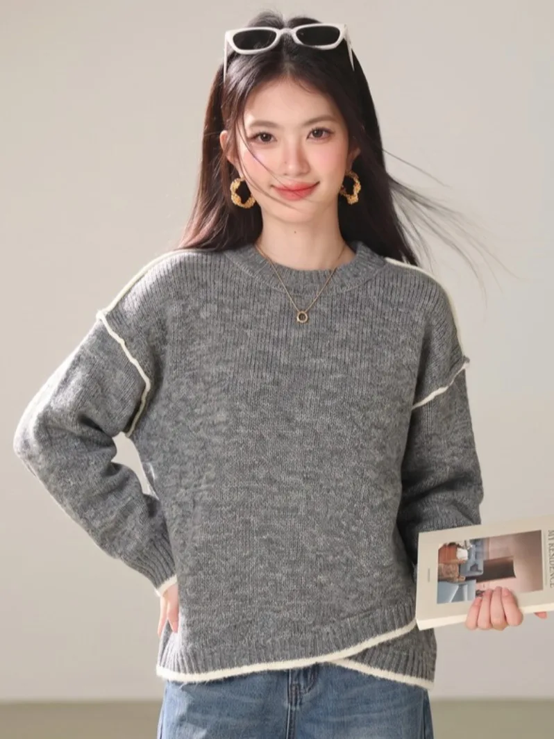 Gray Asymmetric round Neck Sweater Women's Loose Lazy Style Color Block Thickened Knitted Top Casual Style Soft Fabric Long S...