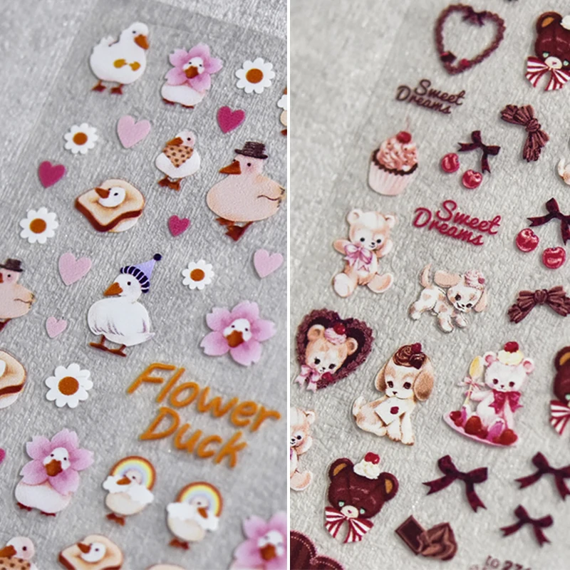 Cartoon Duck Bear 5D Soft Embossed Reliefs Self Adhesive Nail Art Decorations Stickers Sweet Dessert Cherry 3D Manicure Decals