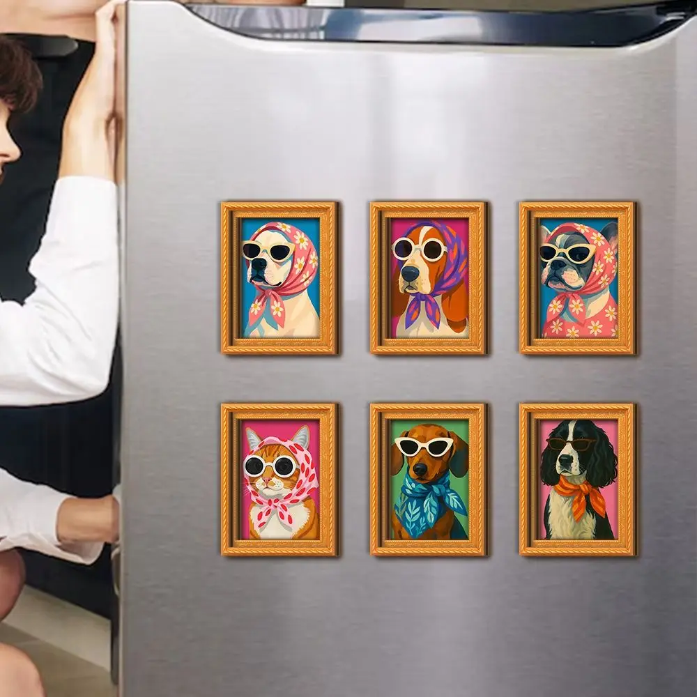 Oil Painting Style Dog Refrigerator Magnets Dog Art Print Dog Pattern Wooden Frame Fridge Magnets Vintage Funny