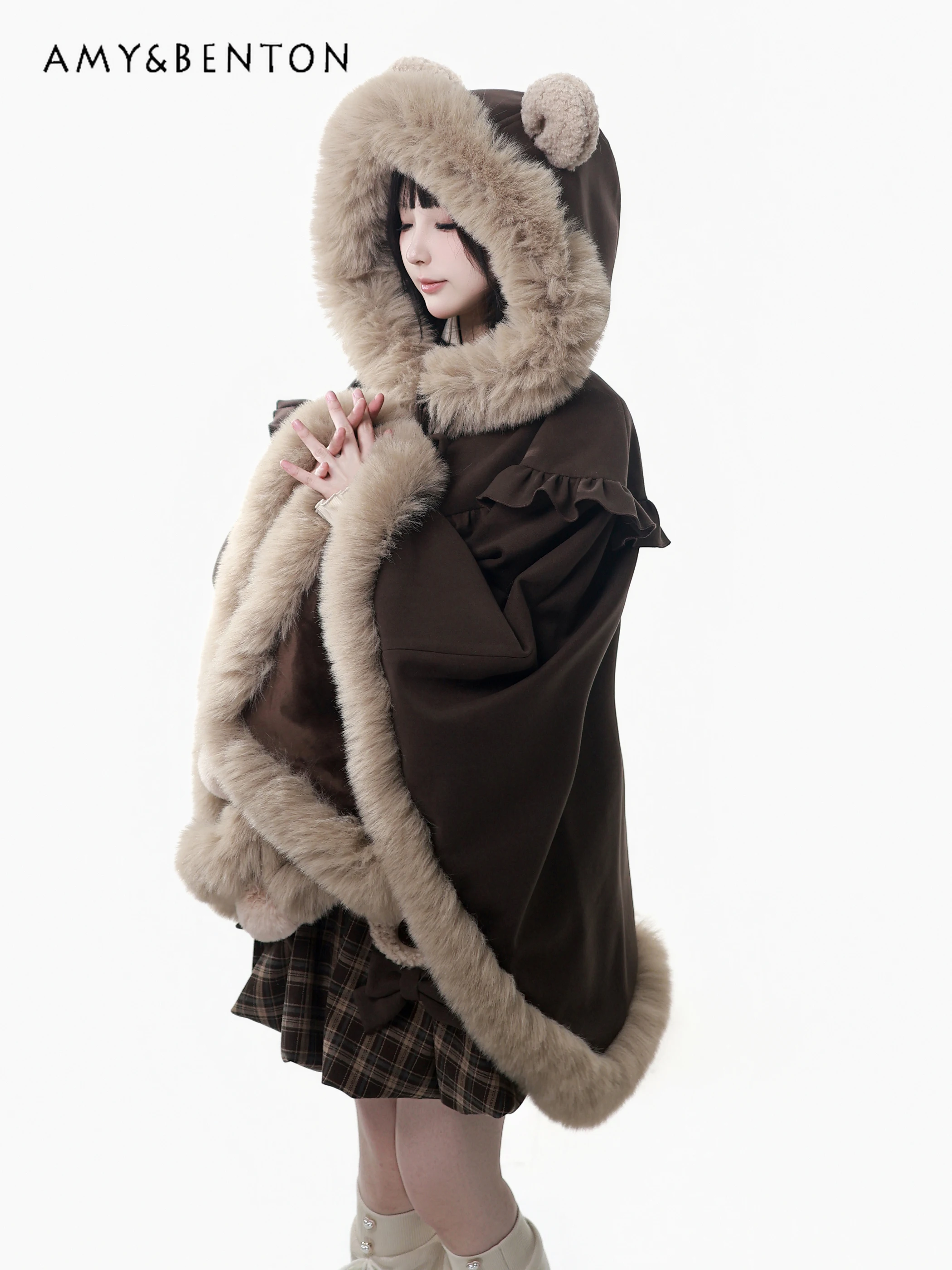 Winter New Cute Ear Hooded Furry Warm Cloak Knitted Strap Flower Bud Skirt Set Sweet Lolita Style Two Piece Sets Womens Outifits