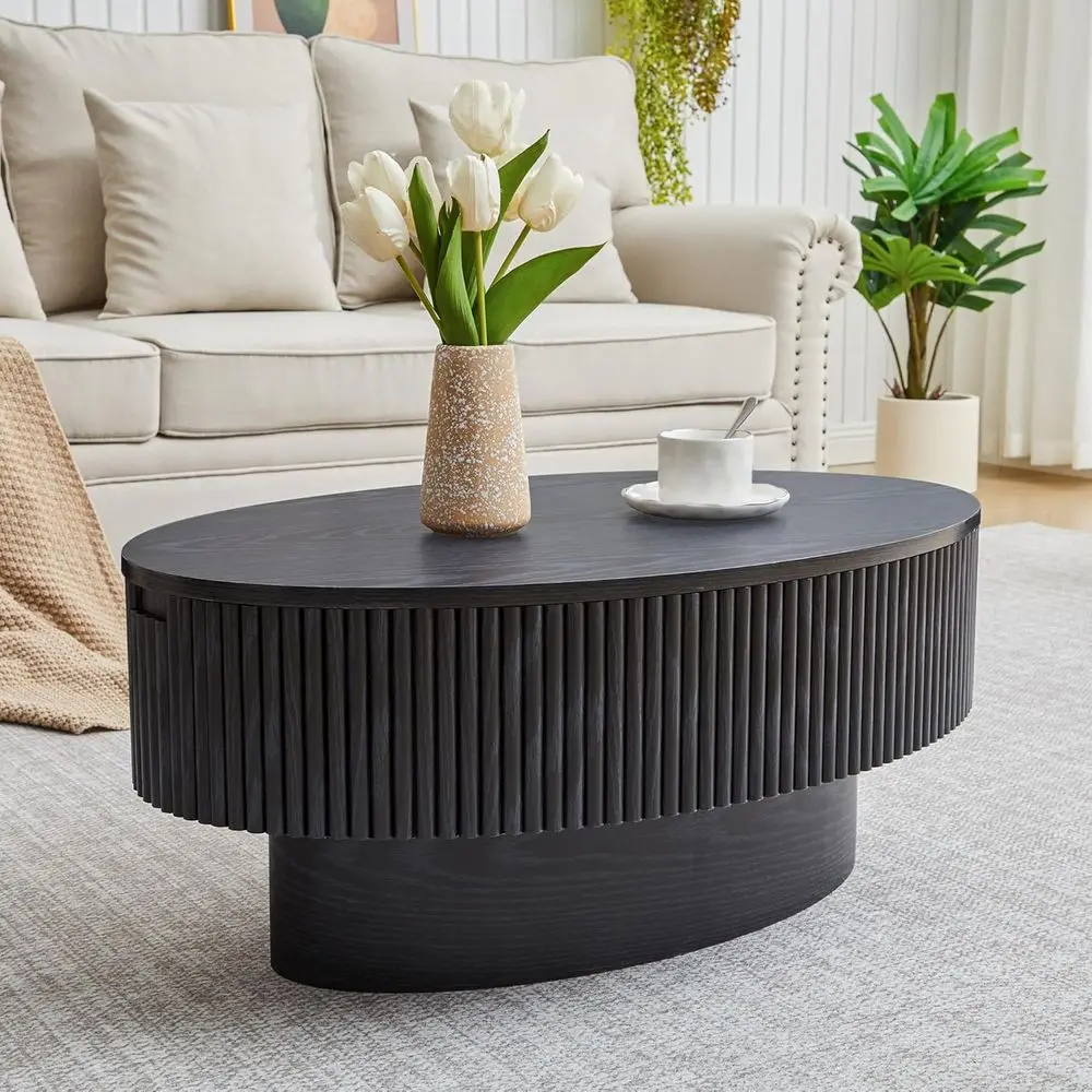 

31.5 Wide Oval Coffee Table with Concealed Storage, Veneered Accent Table for Small Living Rooms (Black)