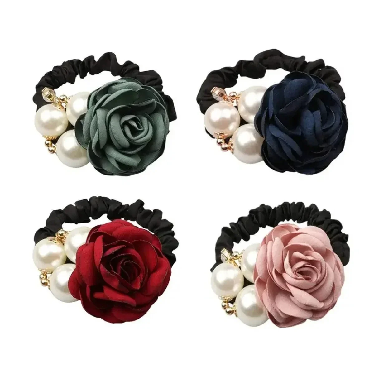 Hair Ties Korean Faux Pearl Fabric Rose Flower Scrunchie Wide Rubber Band For Women Girls Thick Hair Thin Hair Accessories