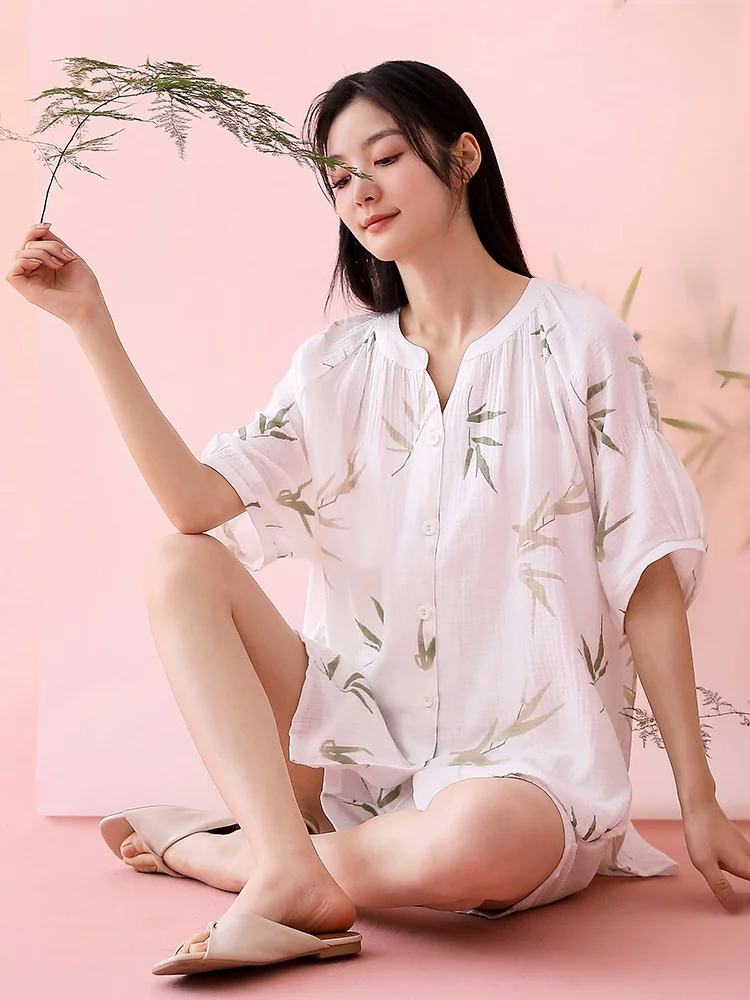 pure-cotton-summer-sleepwear-short-sleeve-thin-yarn-home-clothes-women's-set-breathable-comfortable-v-neck-plant-floral-print