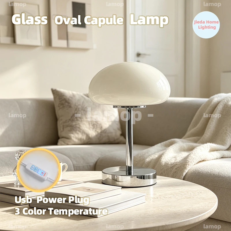 Murano Glass Oval Capsule Dome Table Lamp Chrome Tall Pole Base 3 Tone Soft Light Cream Minimal Living Room Marble Side Table