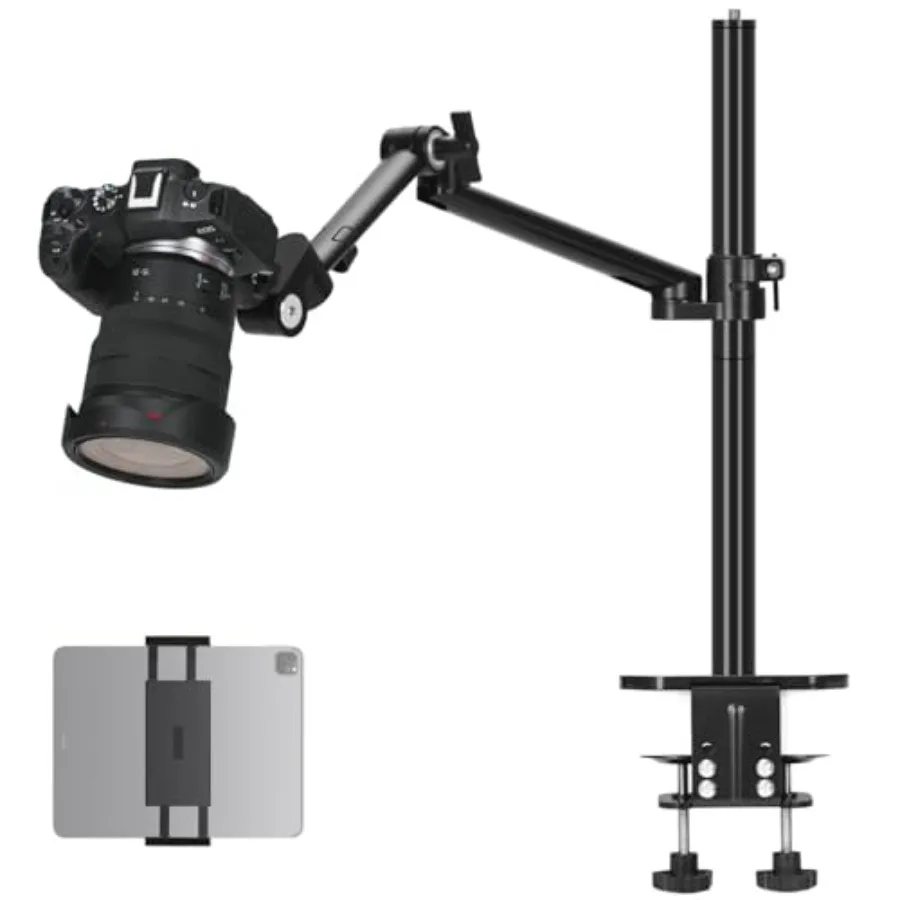 

Camera Arm Desk Mount: Heavy Duty DSLR Desktop Mount Camera Stand with Tablet Holder Double C Clamp 1/4 3/8 Screw Adapter Artic