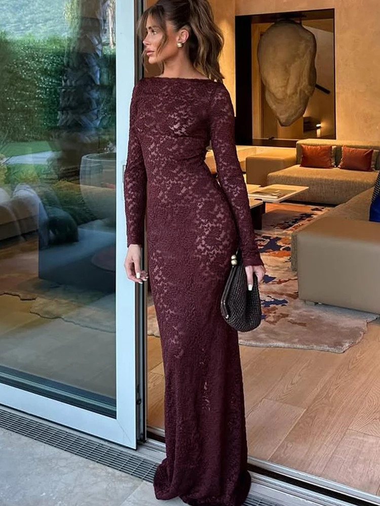 Whatiwear Jacquard Patchwork Maxi Dress Women Sexy See Through o-Neck Full Sleeve Midnight Prom Party Elegant Skinny Vestidos