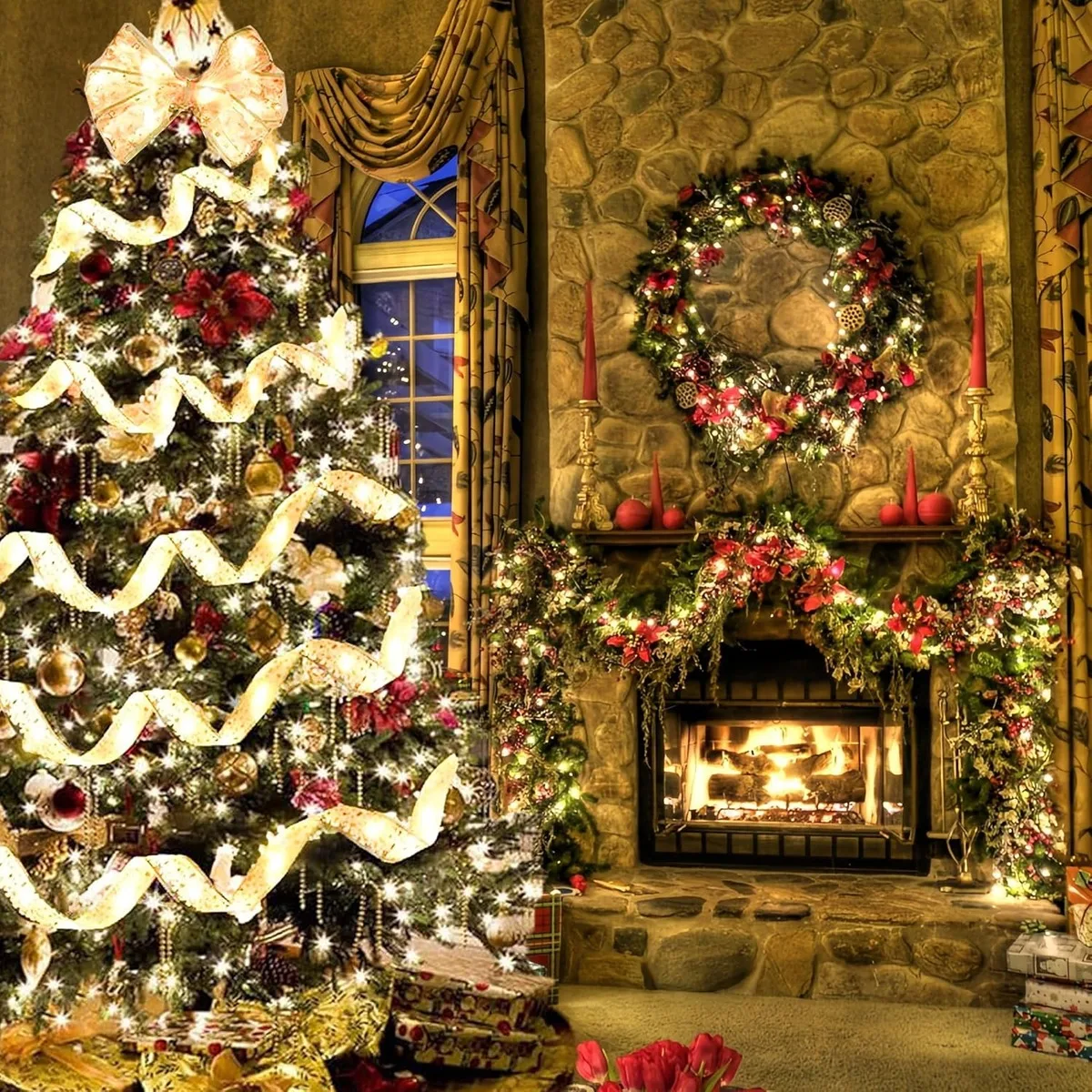 LED Christmas Tree Ribbon Light | 32ft 100LED Gold Sparkling Wave Design | Battery Powered, No Plug | Holiday Decorations