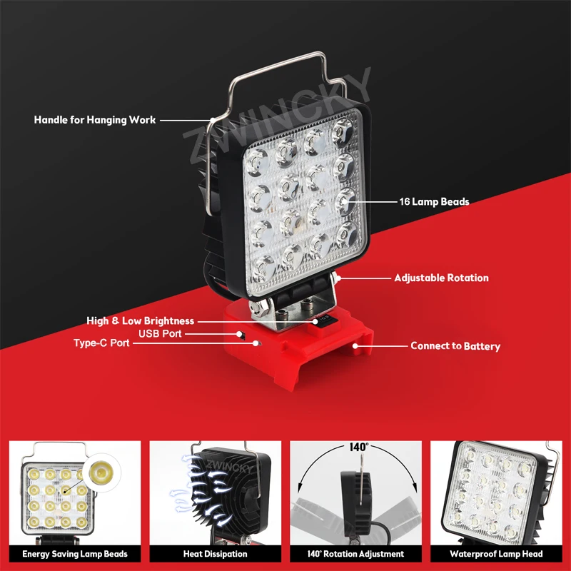 Imagem -03 - Luz de Trabalho Led com Porta Usb tipo c Iluminação Exterior Camping Luz de Inundação de Emergência Bateria Li-ion Dewalt Milwaukee 18v