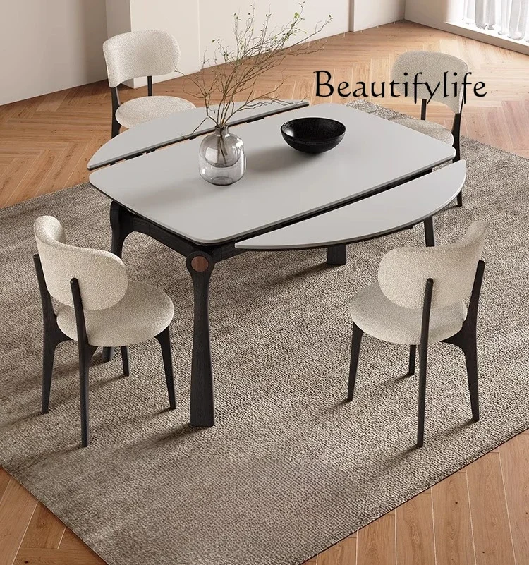 

Retractable rock slab dining table white small apartment square and round dual-purpose solid wood rock slab dining table