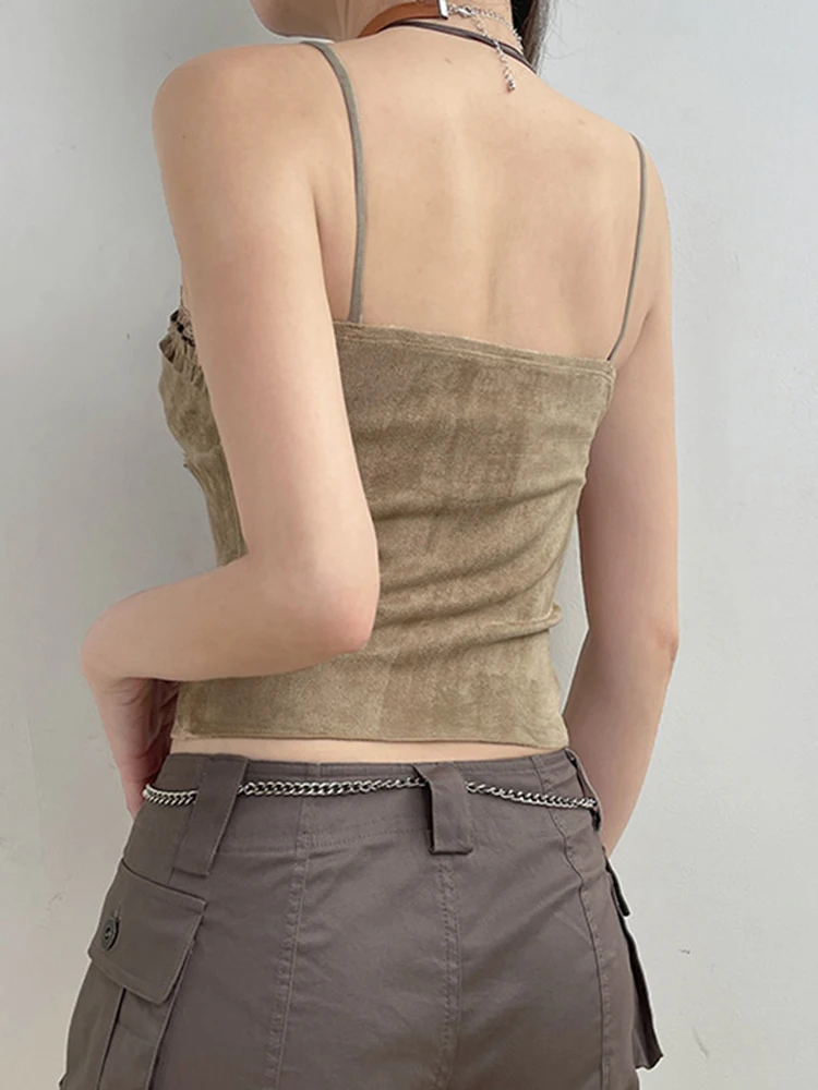 Camisola de encaje con cuello en V para mujer, camiseta Retro Sexy, sin mangas, estética Y2K, caqui, Chaleco Ajustado, 2000s