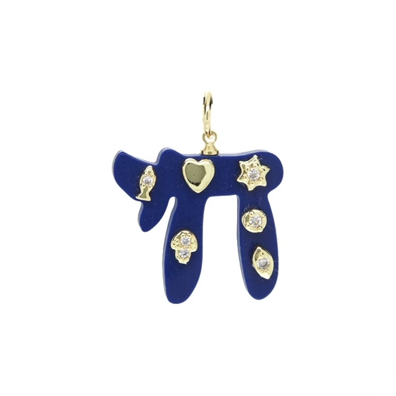 10Pcs Blessed Hebrew Amulets Dark Blue Chai Pendant Cubic Zirconia Israel Jewish Charms for Religious Jewelry making