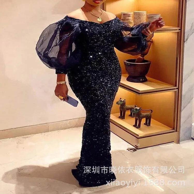 

New style elegant sexy V-neck one shoulder dialysis bubble sleeve bead piece evening dress