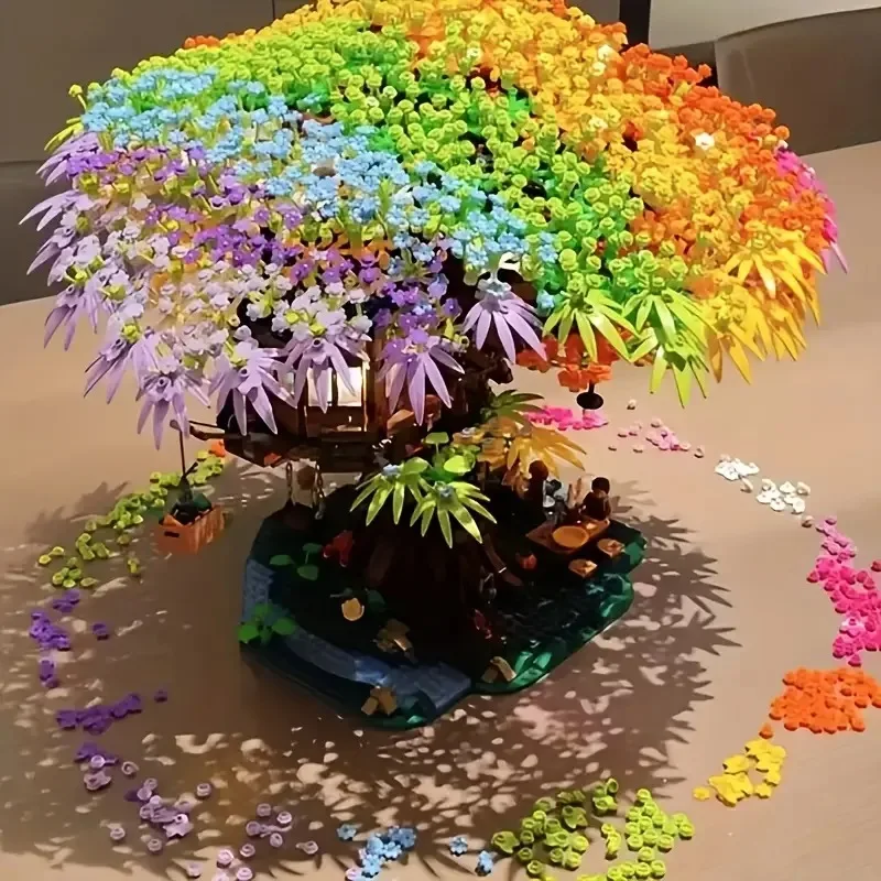 2030-teiliges Fantasy-Sakura-Baumhaus-Mini-Bausteine-Set – buntes kreatives Ausstellungsmodell mit hellen Blumen und grünen Blättern