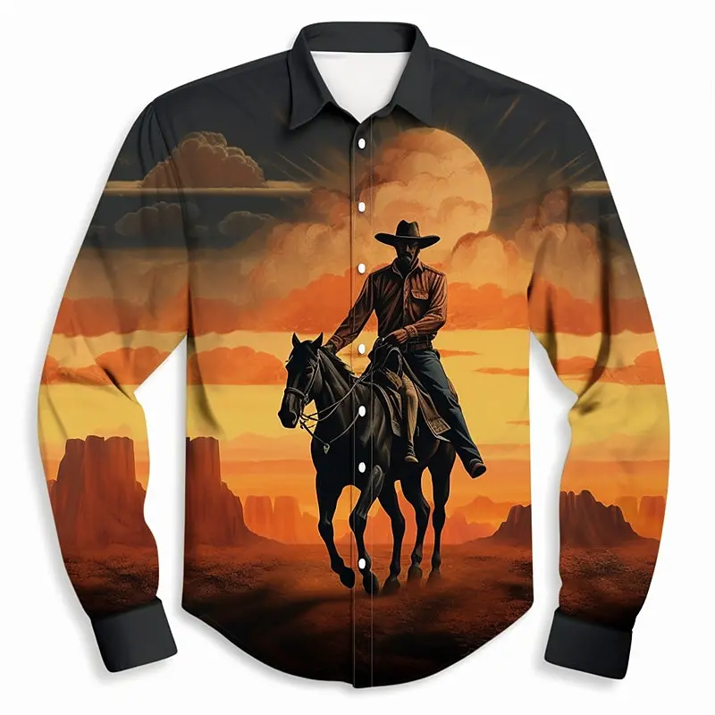 Denim retro style horse pattern men\'s shirt Western-style shirt outdoor street casual daily autumn and winter long-sleeved shirt