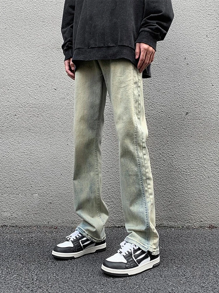 

American High Street Men's Jeans Spring Autumn Hiphop Versatile Loose Straight Leggings Mud Yellow Retro Fce Lined Pants