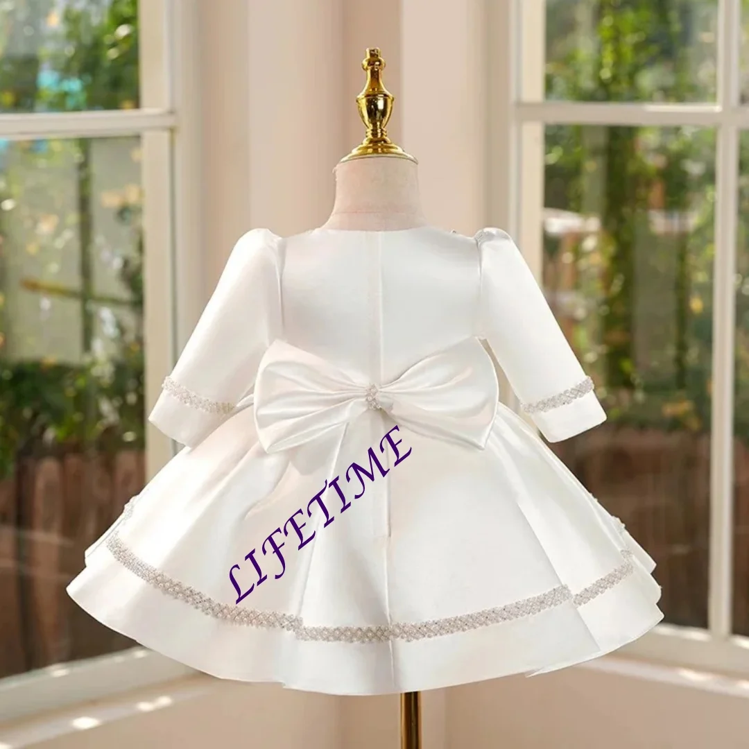 

Customized Elegant White Baby Girl Dress Long Sleeve Satin Rhinestone Embellished Bowed for Kids Birthday Short Ball Gown