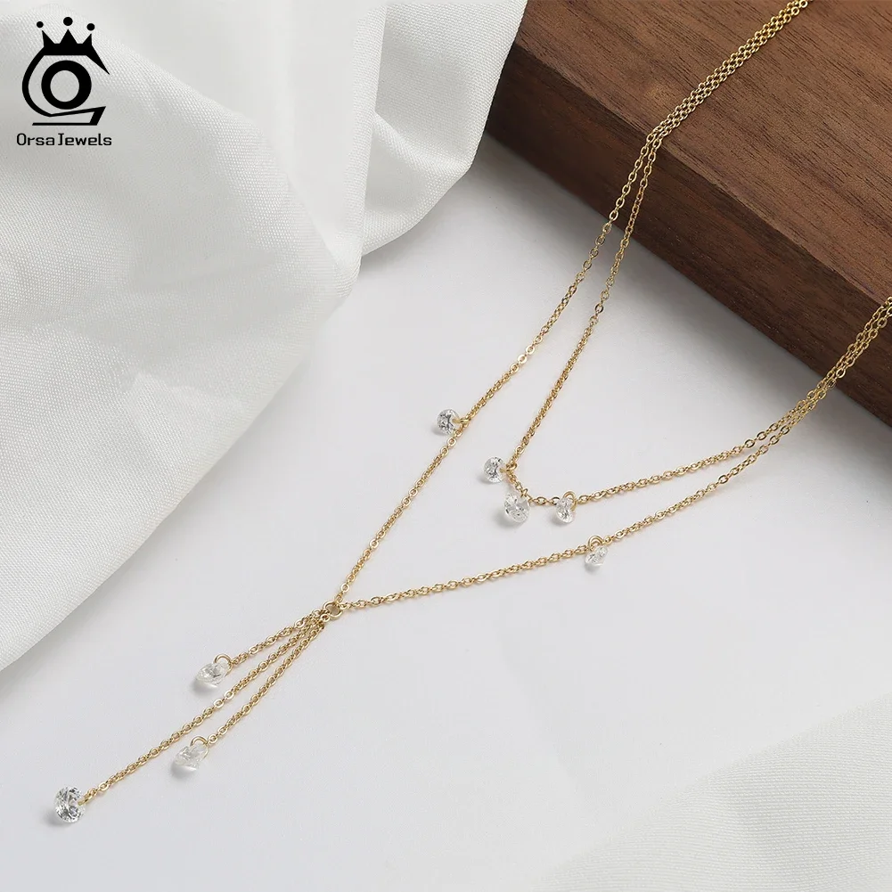 

ORSA JEWELS Layered 925 Sterling Silver Necklace for Women Stackable Cubic Zircon Elegance Chain Pendant Necklace Jewelry BQN20