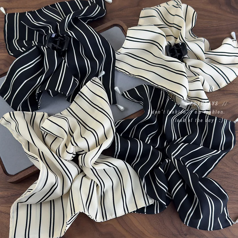 Scrunchie Hair Claw Striped Silk Scarf Retro Minimalist Back Head Half Up Holder for Women Daily Elegant Versatile Durable