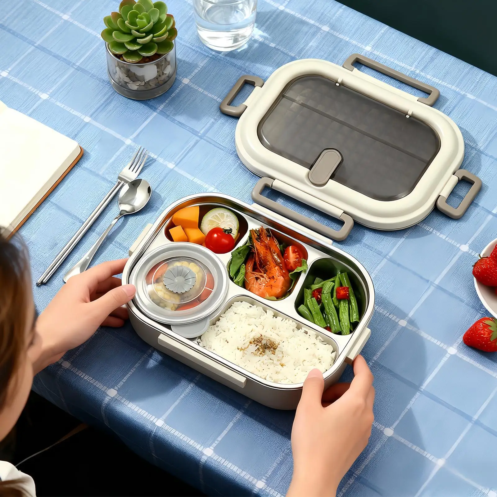 

Lunch Box Microwave Safe With Spoon Adults Stainless Steel Food Container For School Camping Spring Trip Commuting Fruits Soup