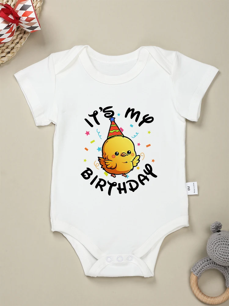 Cute Chick Cartoon Baby Girl Clothes 1 Year Birthday Party Fashion Infant Boy Bodysuit Cotton Breathable Summer Ropa De Bebe