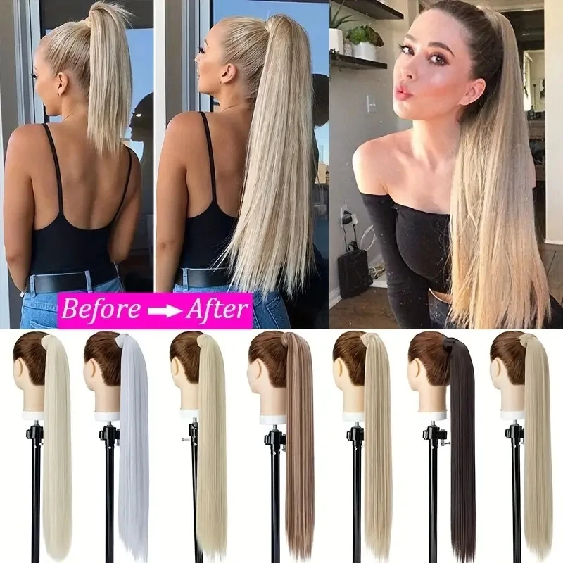 Snoilite Synthetic Long Straight Ponytail Extensions 28 Inch Wrap Around Light Golden Brown Ponytails Hair Piece Pony Tail Hair