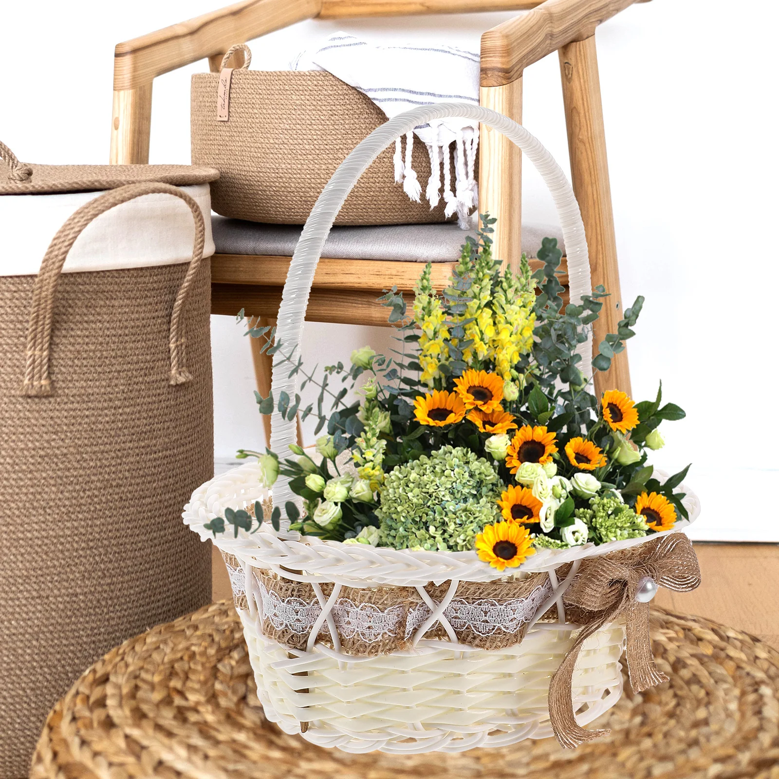 

Petal Basket Round 18x21cm Hand Woven Rattan Wedding Party Favor Straw Handle Baskets Flower Girl Lace Storage