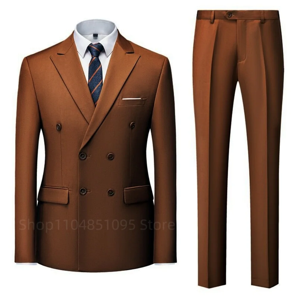 

Solid Man Double-breasted 2 Piece Outfit Set Peak Lapel Wedding Business Casual Stage Costume Graduation Suit