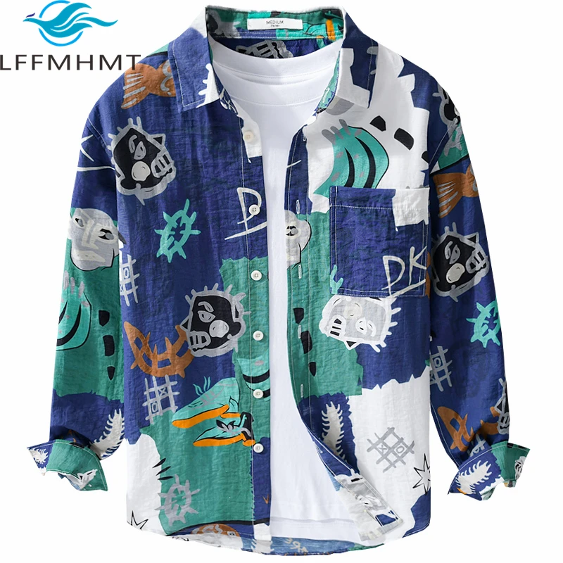 3102 Chic Printing Linen Blended Casual Shirt Men\'s Spring Fall Fashion Long Sleeve Chest Pocket Loose Leisure Streetwear Blouse