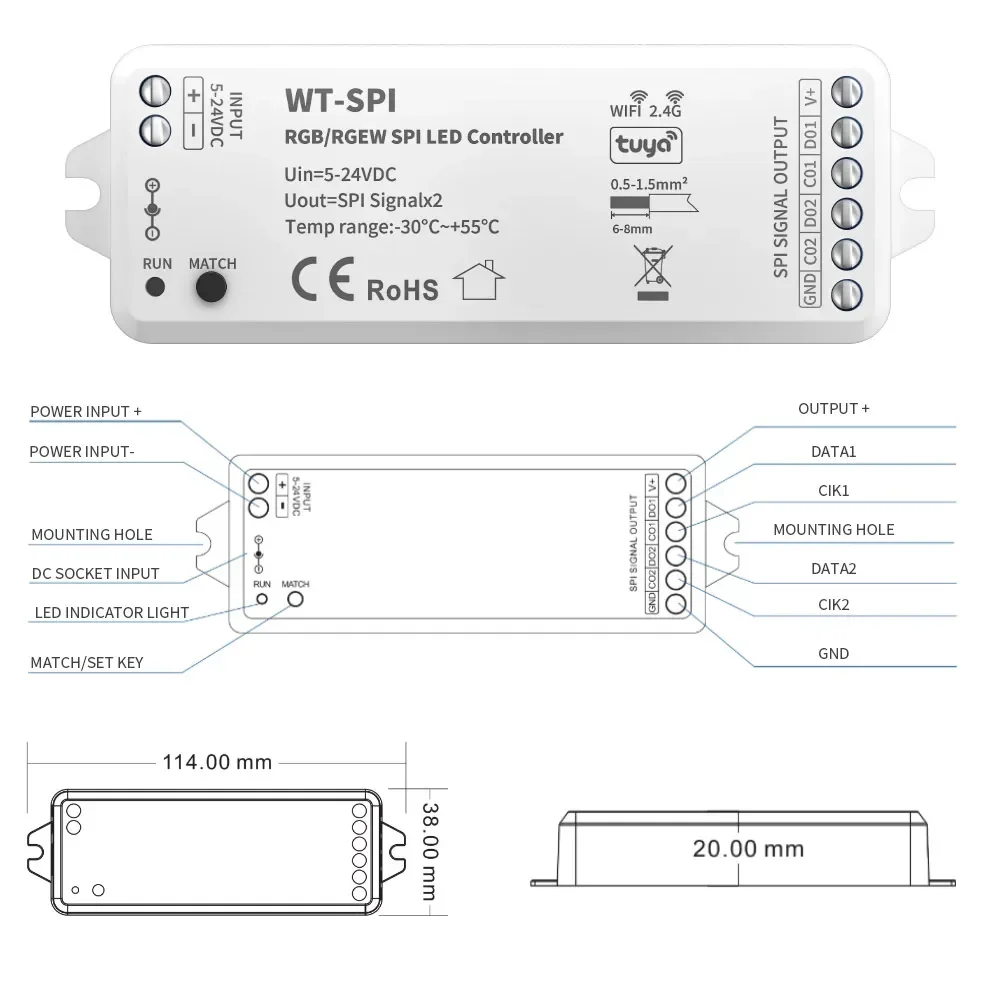 Smart LED Controller Tuya SPI Pixels 2.4GHz RF Remote Alexa Google Assistance For LED Strip WS2811 WS2812B WS2815 SK6812 RGBW