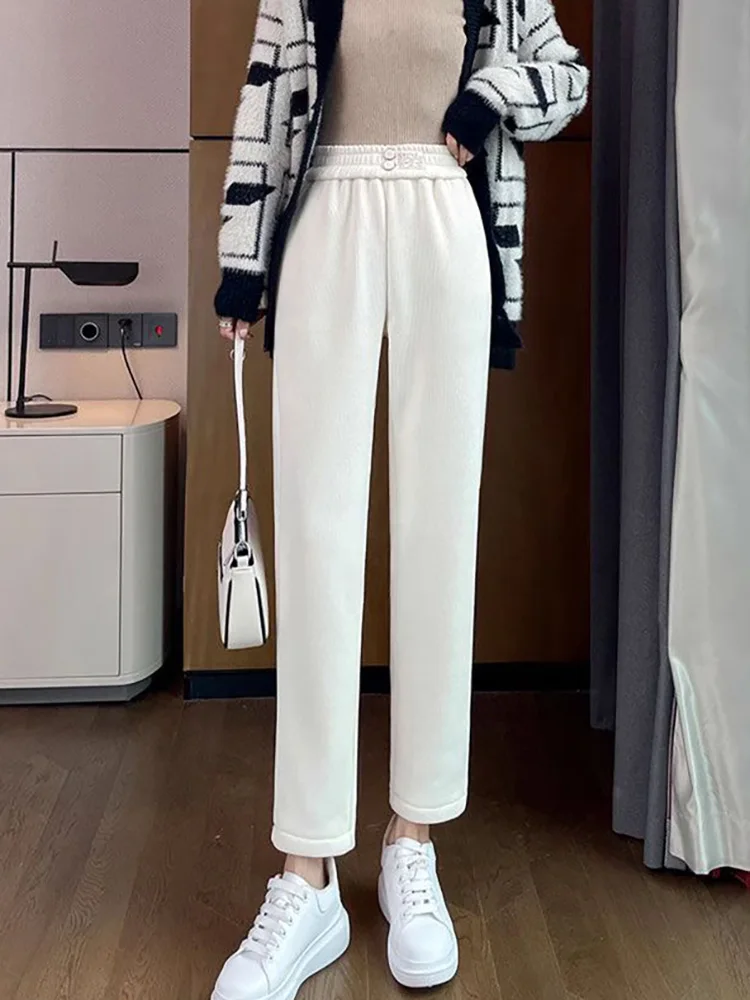 المرأة عادية مطاطا سراويلي حريمي سميكة المخملية سروال قصير بنطلونات فضفاض مستقيم عالية الخصر موضة بنطلون Hosen #5