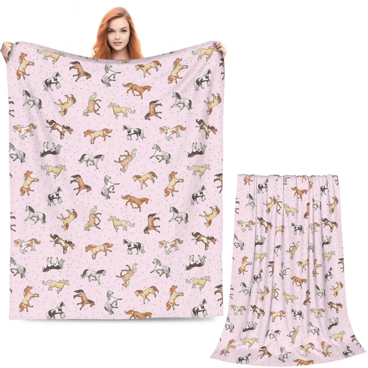 Scattered Horses Spotty On Cherry Blossom Pink Pattern Blankets Soft Warm Flannel Throw Cover for Bed Picnic Travel Home Sofa