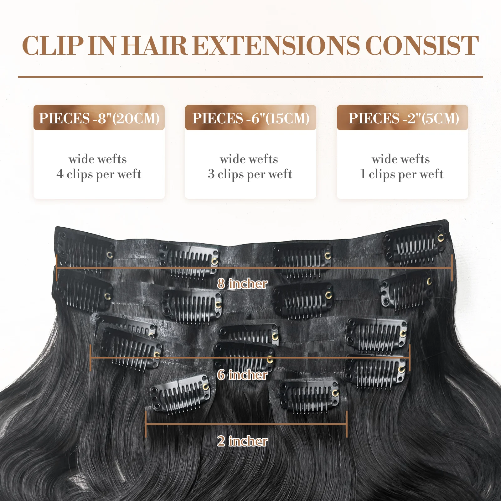 وصلات شعر بمشبك مموج للجسم، شعر بشري 100% # 1B لون أسود طبيعي 110 جرام/مجموعة 6 قطع شعر عذراء غير مرئي من البولي يوريثان