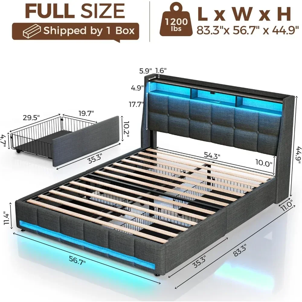 Full Size Bed Frame With LED Lights And Charging Station, Upholstered Bed Storage Headboard