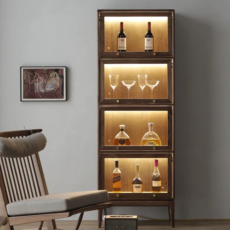 Black Walnut Wooden Liquor Cabinet Display Cabinet Wall with Light Locker Study Storage Bookcase