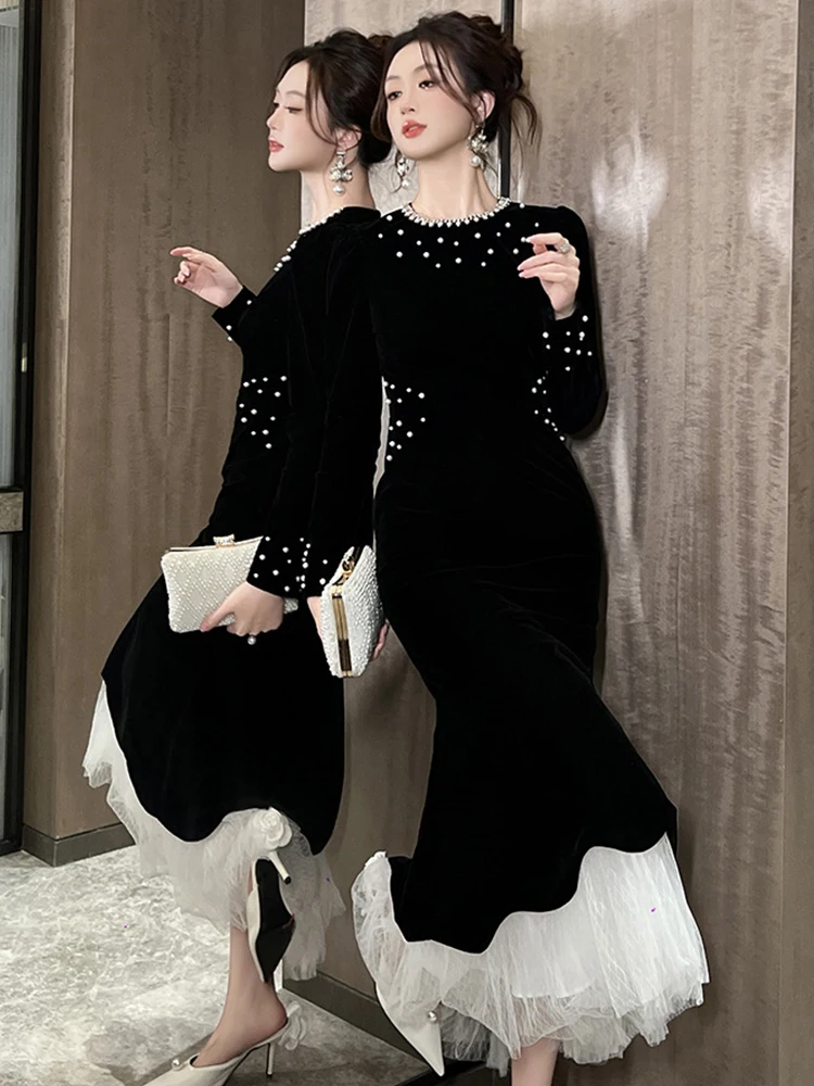 Frauen Kleidung Retro Samt Mesh Oansatz Schlank Meerjungfrau Kleid Elegante Abend Party Geburtstag Vestido Robe Casual Neue Formale Anlass